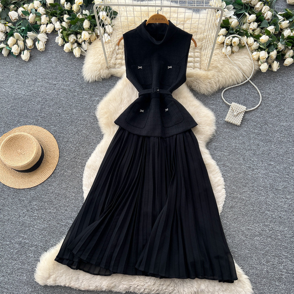 French chic sleeveless notch collar dress - women's summer korean style high waist pleated patchwork maxi dress - elegant and graceful
