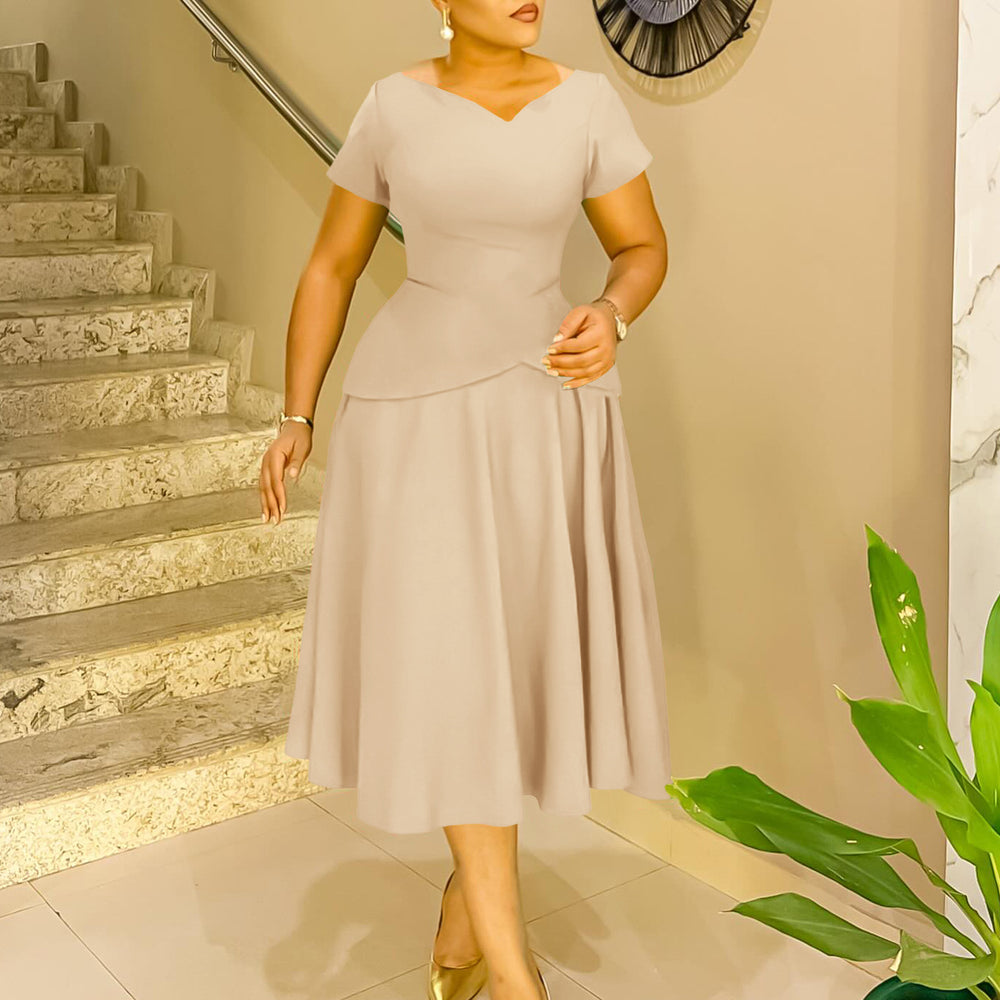 D3330 new arrival:  summer european and american fashion solid color v-neck short sleeve a-line maxi dress - african style