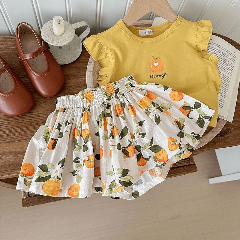 Girls' short-sleeve set:  cross-border trendy kids' clothing, little girl's top and shorts two-piece set, wholesale children's apparel