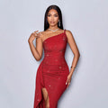 Amazon cross-border asymmetrical strap high-slit ruffle trim sequin maxi dress