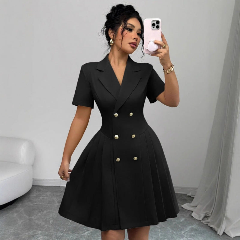 european and american/russian  autumn new arrival short-sleeve solid color cinched waist double-breasted dress