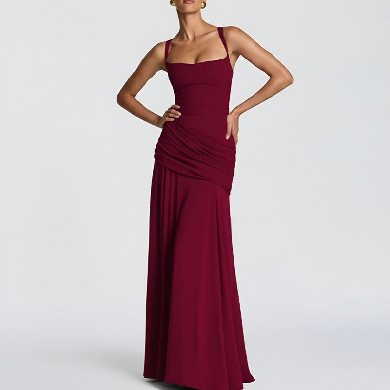 european and american export women's clothing: elegant and sexy solid color sleeveless cinched waist swing dress with spaghetti straps