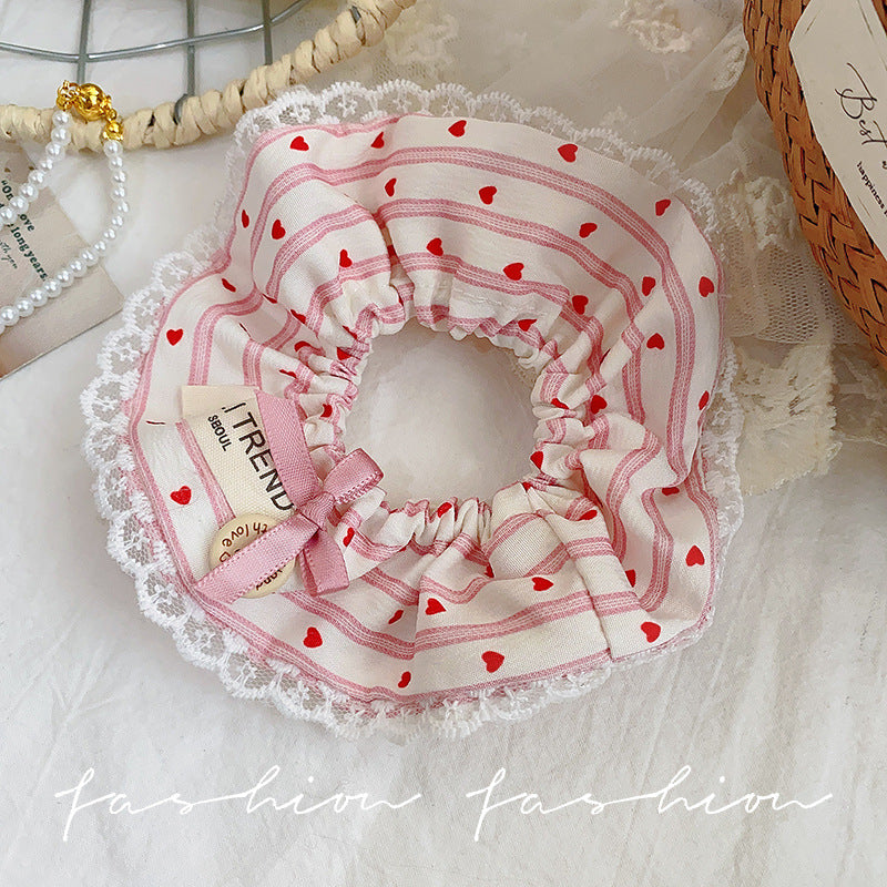 Blue striped lace heart-shaped scrunchie hair tie - korean style hair bun maker - elastic hair band