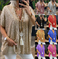 new european and american  style short-sleeve urban casual loose fit pullover sequin v-neck t-shirt top for women