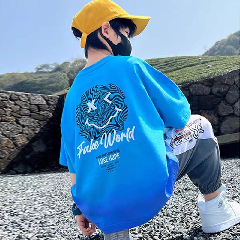 Boys' summer outfit set  new summer short sleeve mid-to-large children's boy's summer style handsome fashionable trendy cool