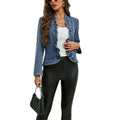 1688 source factory ruffle hem denim cropped jacket women's new collarless open front cardigan top buttonless light blue outerwear