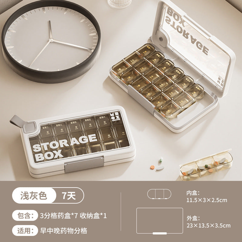 Plastic portable pill organizer - sealed, week-long, high-capacity travel pill case with compartments