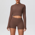 Ready-to-ship cross-border solid color double-sided brushed naked feel cropped jacket set - tight-fitting running, fitness, and yoga two-piece outfit