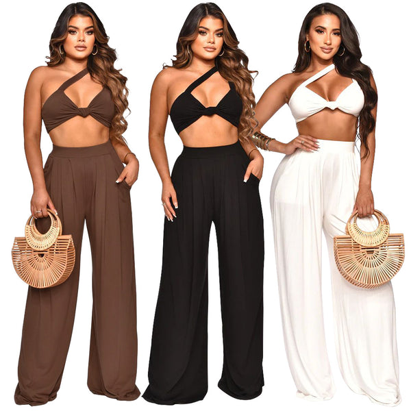 K10157 factory straight hair European and American  women's clothing   slanted shoulder sleeveless solid color wide-leg pants set summer