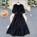 French chic lace-trimmed lantern sleeve dress - slimming, elegant, and flowy maxi dress with tie waist