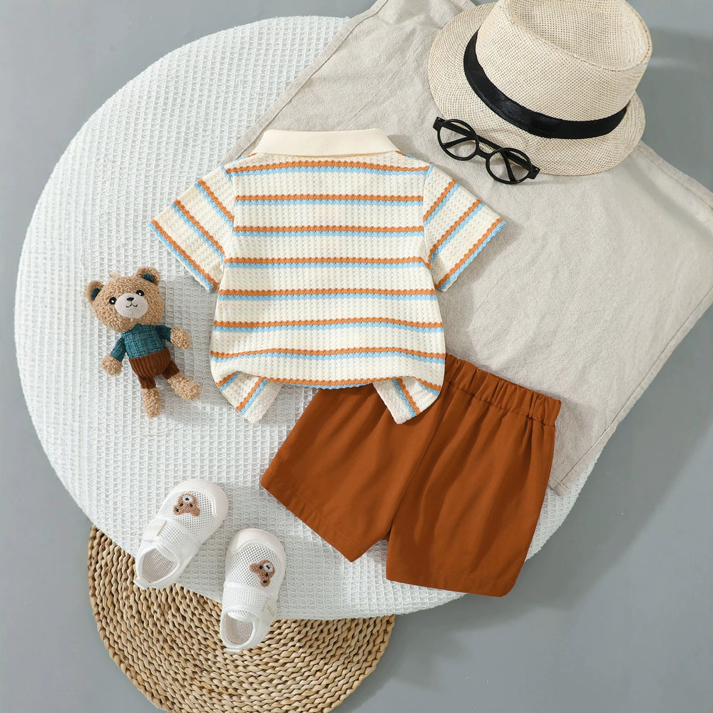 new boys' waffle knit striped polo shirt set with bear embroidery short sleeve outfit