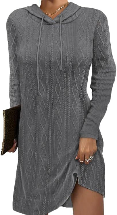 European and American   independent station 2024 solid color long-sleeved hooded pullover knitted dress women