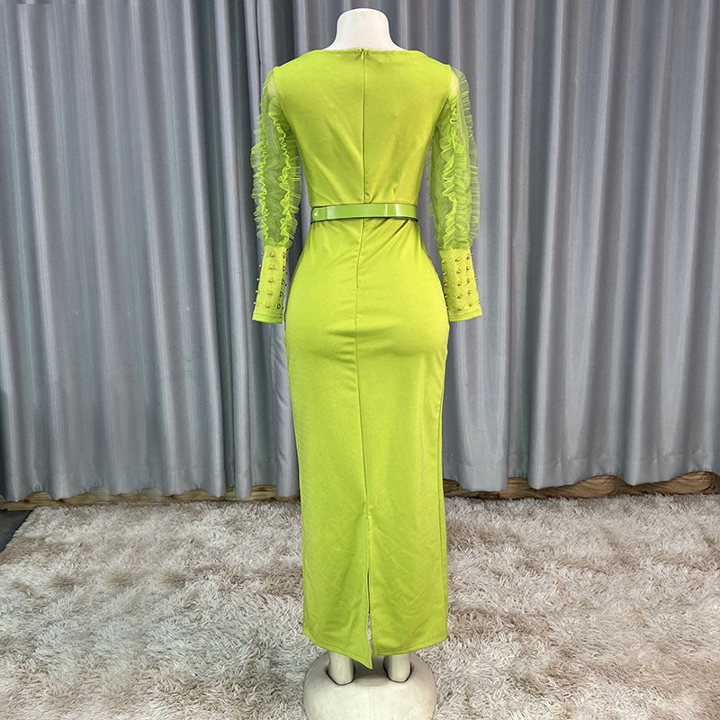 fashion knitting heavy industry hot diamond beading puff sleeves long sleevesilm pencil skirt dress long skirt african women