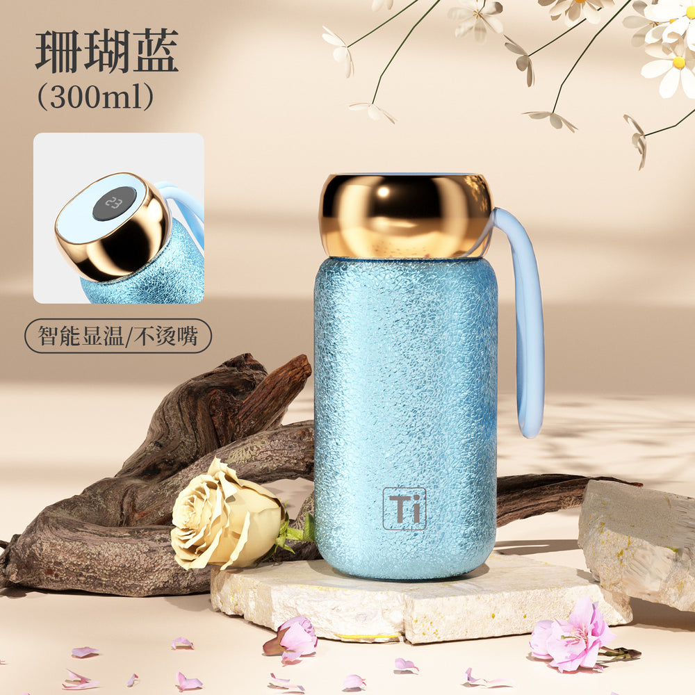 New smart temperature display insulated mug with titanium coated liner, vacuum insulated, outdoor portable mini pocket cup