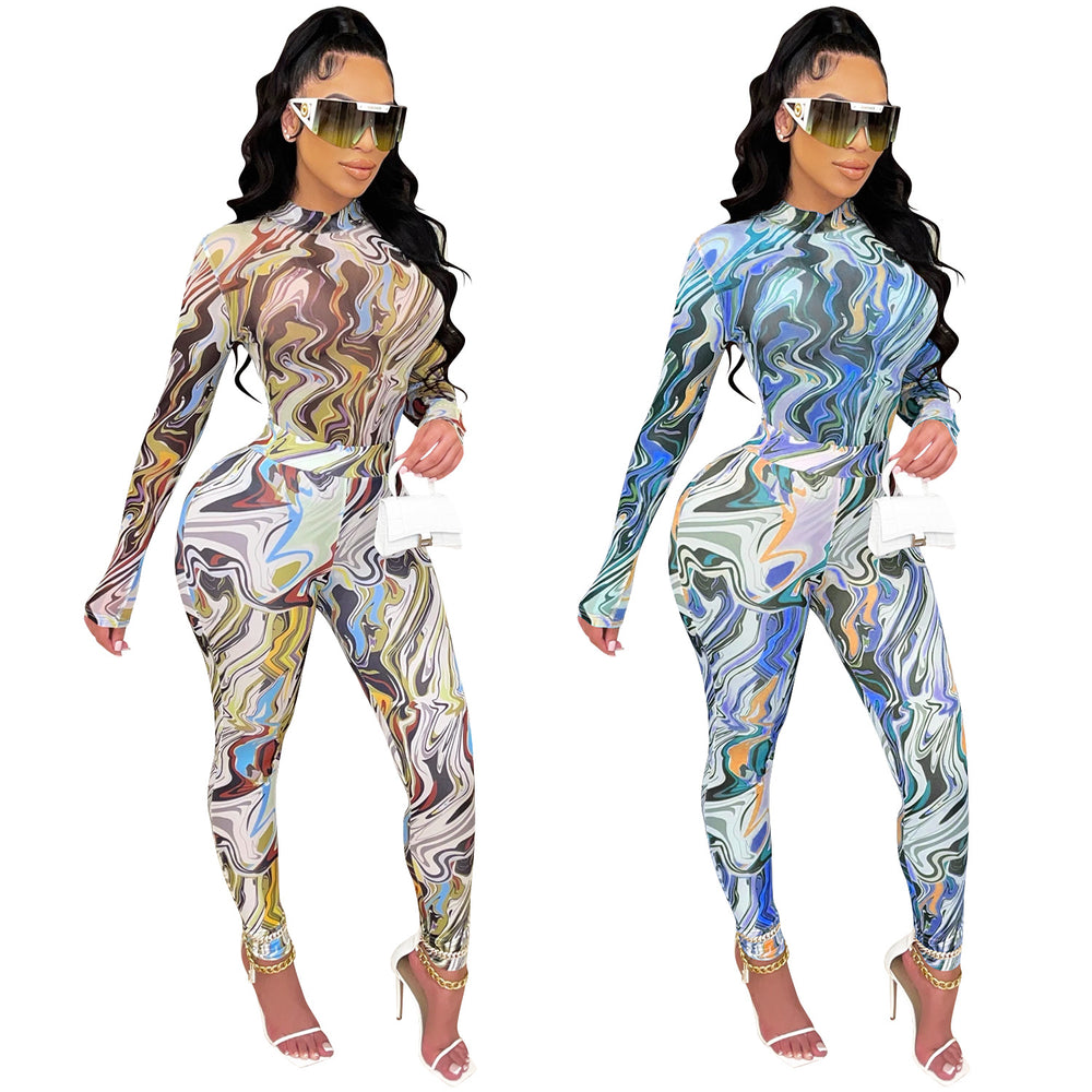 C5505    fashion women's painted bodycon long sleeve top and pants set with mesh sheer detail