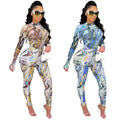 C5505    fashion women's painted bodycon long sleeve top and pants set with mesh sheer detail