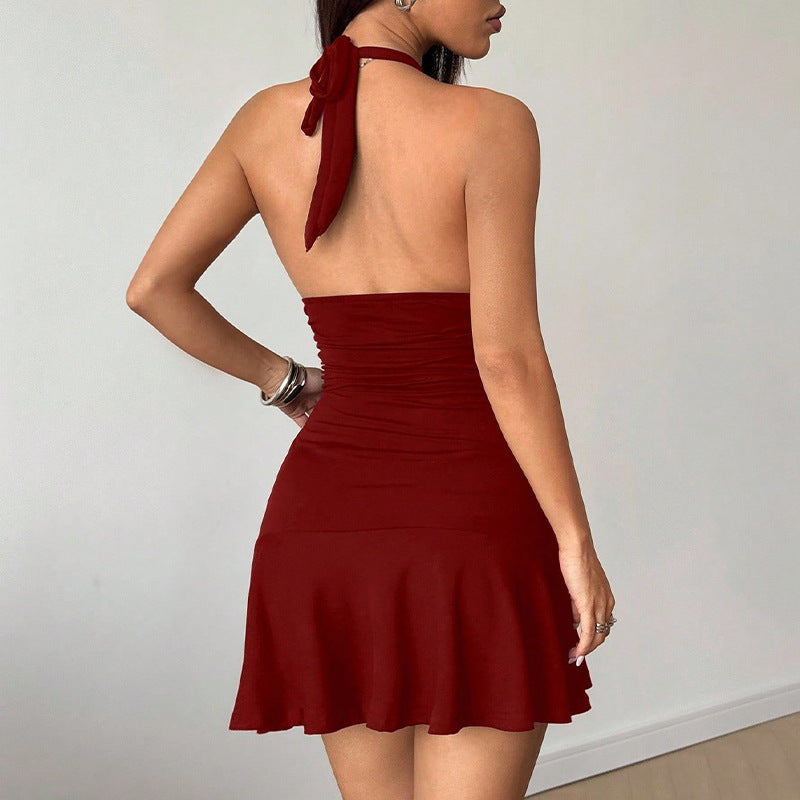 Small batch processing and customization of European and American sexy suspender dresses, solid color neck-hanging, slim-fitting hip-wrapping short skirts, women's clothing