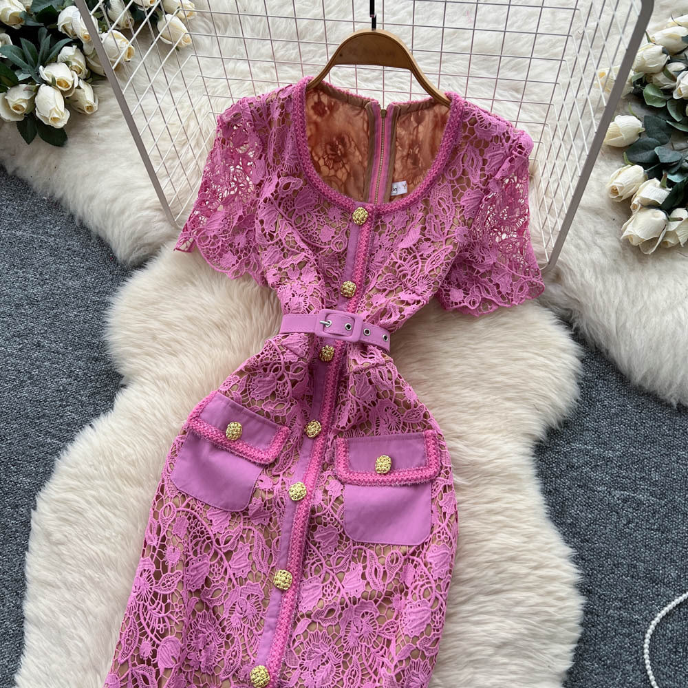 Classy sense of cut air square collar quality lacedress women's summer metal buckle waist silmslimming look a-line skirt