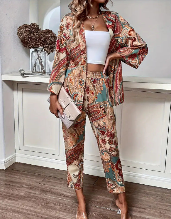 European and American   printed cardigan set women's long sleeves