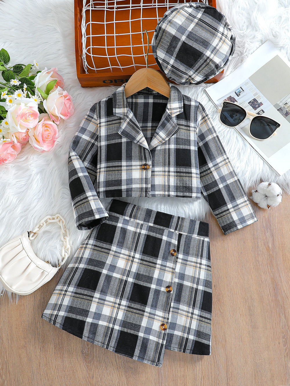 Spring & fallgirlplaidsuittwo-piece setk-style gray pink plaid lapel preppy style hat suit children's skirt