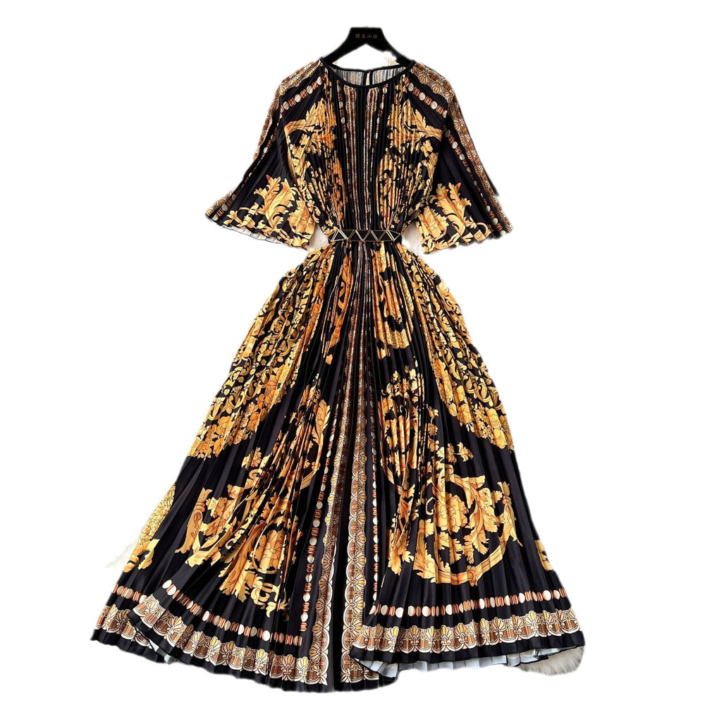 European and american retro court style design printed long dress with heavy pleating, puff sleeves, and pleated skirt - spring collection for women