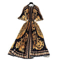 European and american retro court style design printed long dress with heavy pleating, puff sleeves, and pleated skirt - spring collection for women