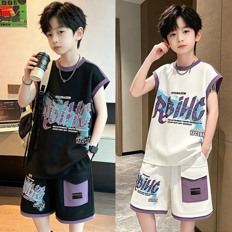 Boys' summer new sleeveless tank top and shorts set - trendy & cool sportswear two-piece outfit for mid-to-large children - stylish casual summer apparel