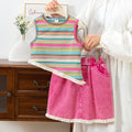 european and american style cross-border children's clothing: girls' lace trimmed striped top + washed denim skirt set (big kids)