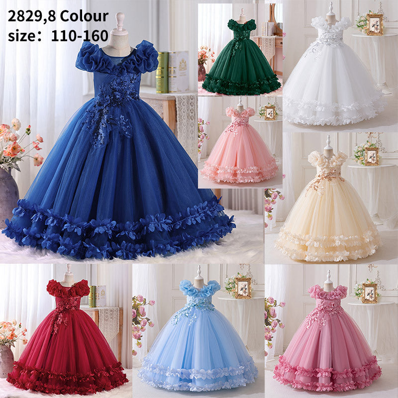 Export girl dress mesh long mesh through flower classyelegancein stock 8 to 12 years old clothing wholesale in stock