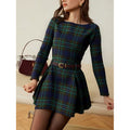Women's autumn/winter fashionable and elegant round neck plaid long sleeve short dress - perfect for dates (belt not included)