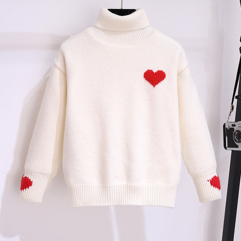 Girlsweater high collar fleece-lined winter kids heart woolentopsgirlwinterthickened bottomknitting shirt