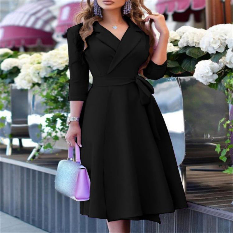 autumn new arrival  three-quarter sleeve dress v-neck fashion tie-waist printed dress