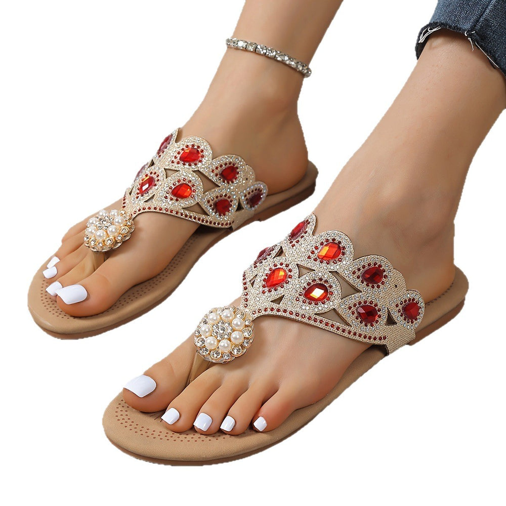 Export  summer flat beach sandals women's european and american rhinestone simple lightweight casual buckle plus size flip-flops