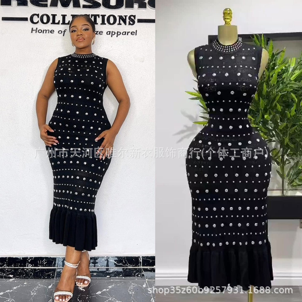 European and american style high-end sleeveless dress for women - summer stand collar, rhinestone embellished, slim fit, light luxury mermaid maxi dress