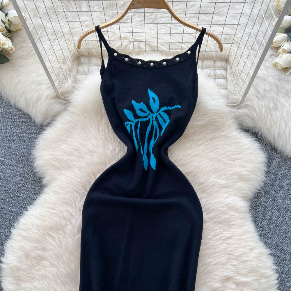 Celebrity heavy industry beading halter suspender backless dress women's summer silmslimming lookelegant hot girl knitting long dress