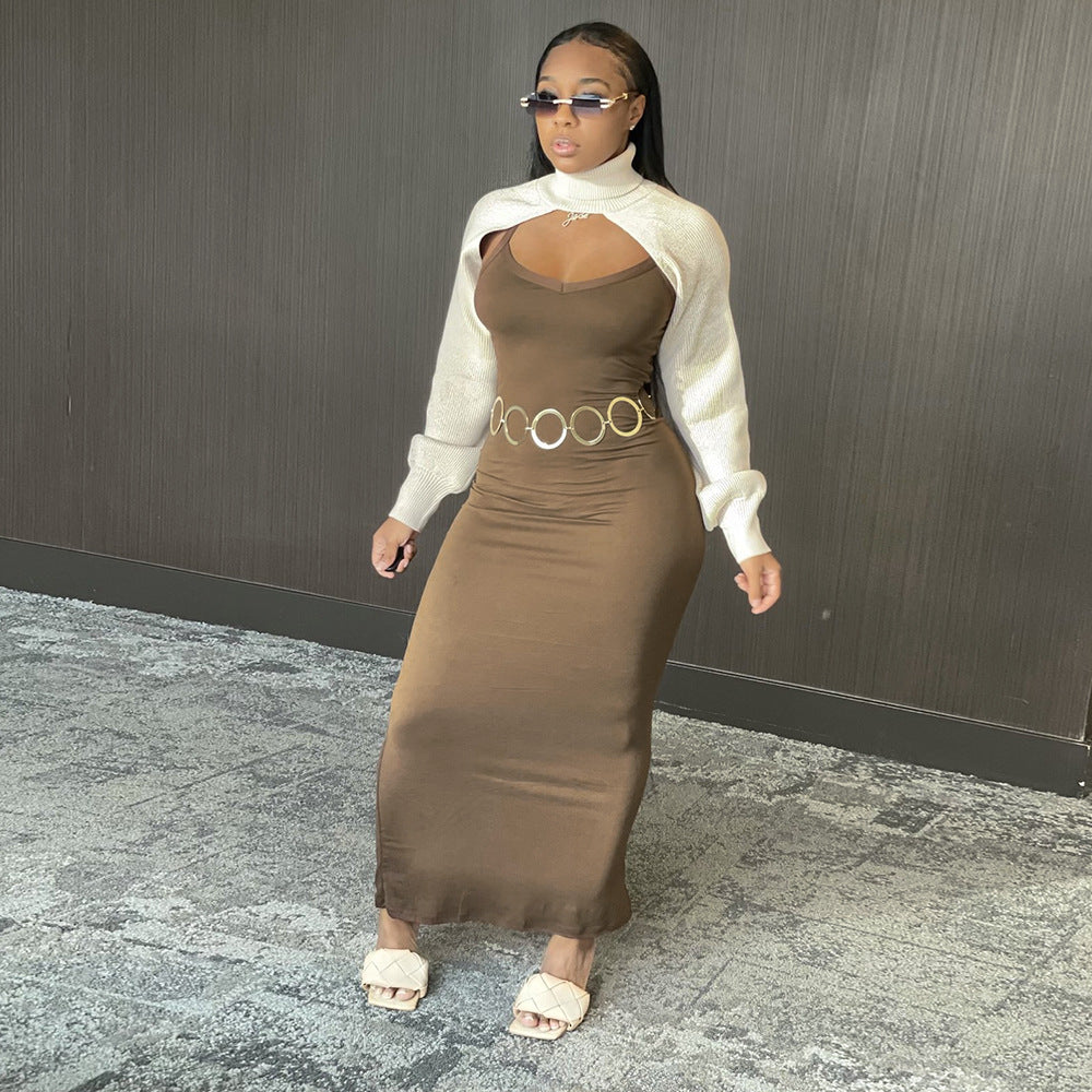 S390081 Foreign trade European and American women's clothing ins new models, sexy solid color suspender dress, fashionable temperament long dress women