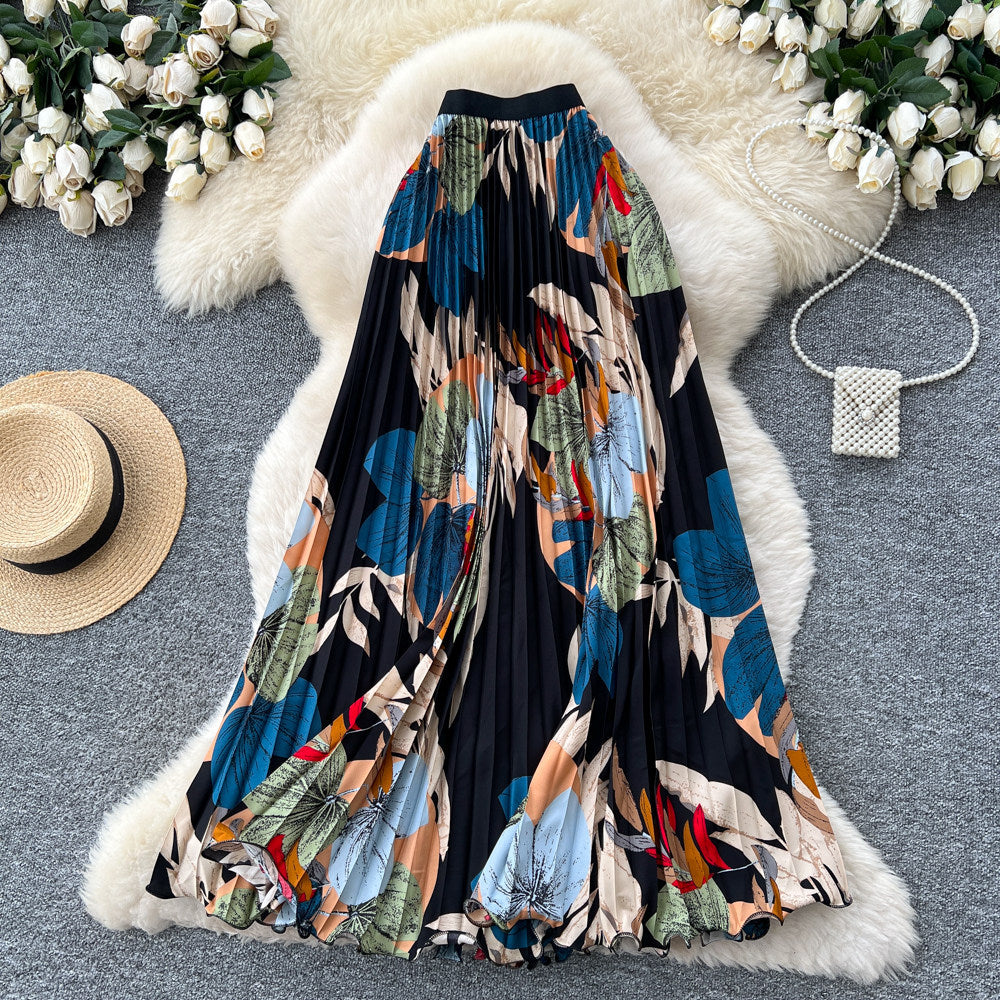 Vintage print pleated elastic waist fashion skirt - women's high-waisted a-line skirt - commute-friendly, flowy maxi skirt for summer