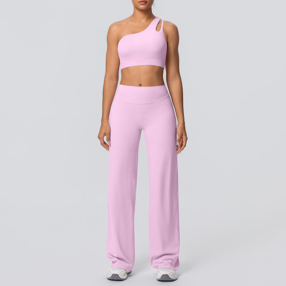 Cloud-feel casual one-shoulder racerback high-waisted butt-lifting straight-leg wide-leg activewear yoga set for women - perfect for outdoor running and fitness