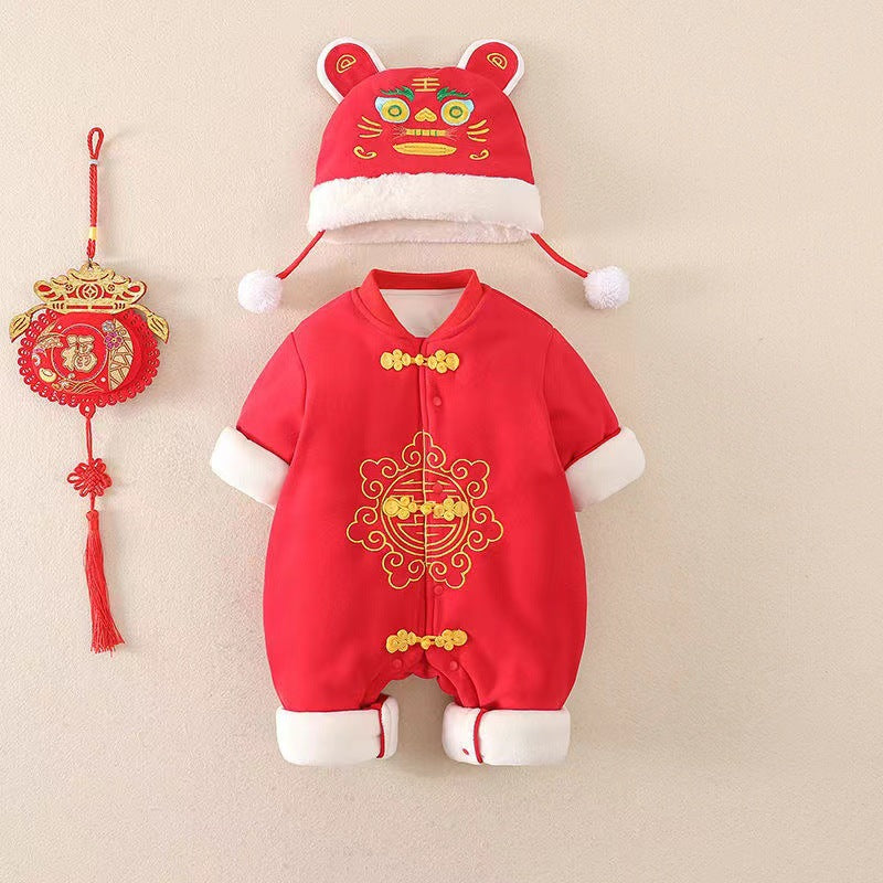 Newborn infant new year outfit festive winter romper thickened hundred-day celebration bodysuit full month new year's day bodysuit