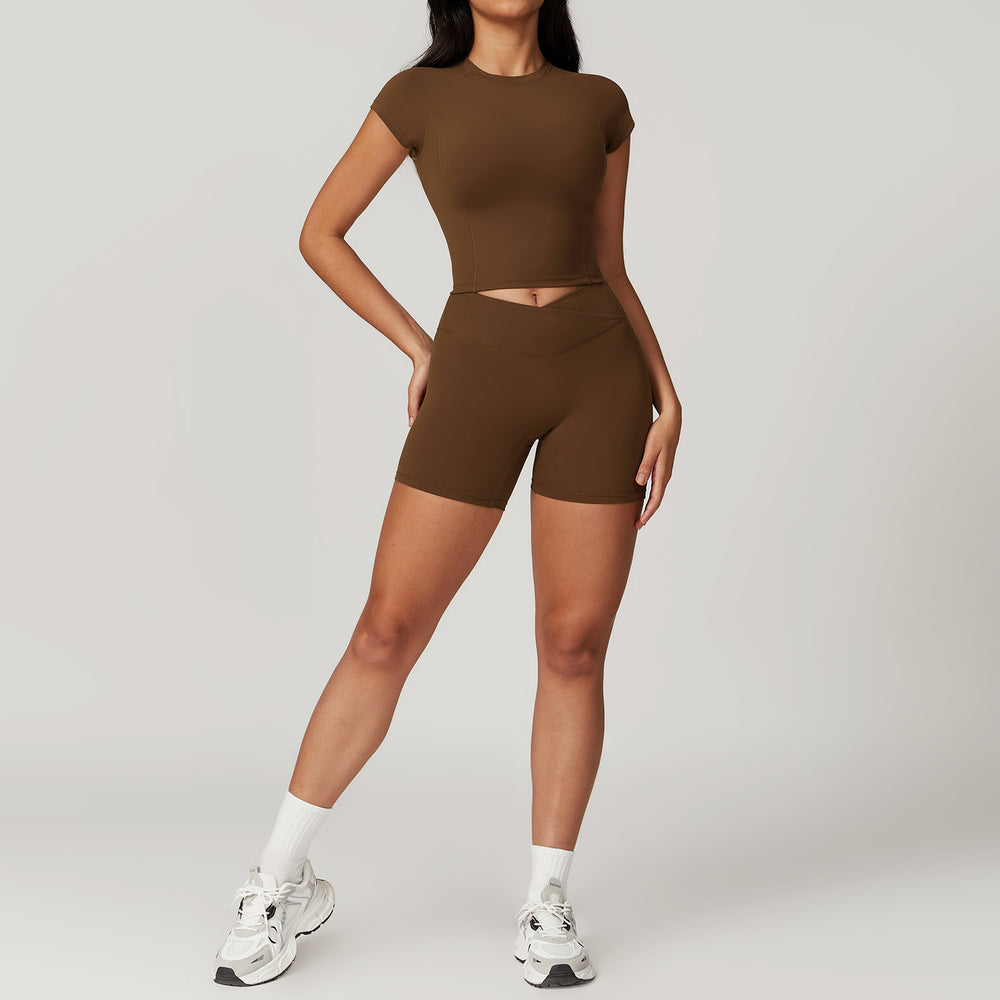 Eco-friendly recycled compression quick-dry yoga set - activewear running short sleeve set with racerback design - women's fitness apparel 8799