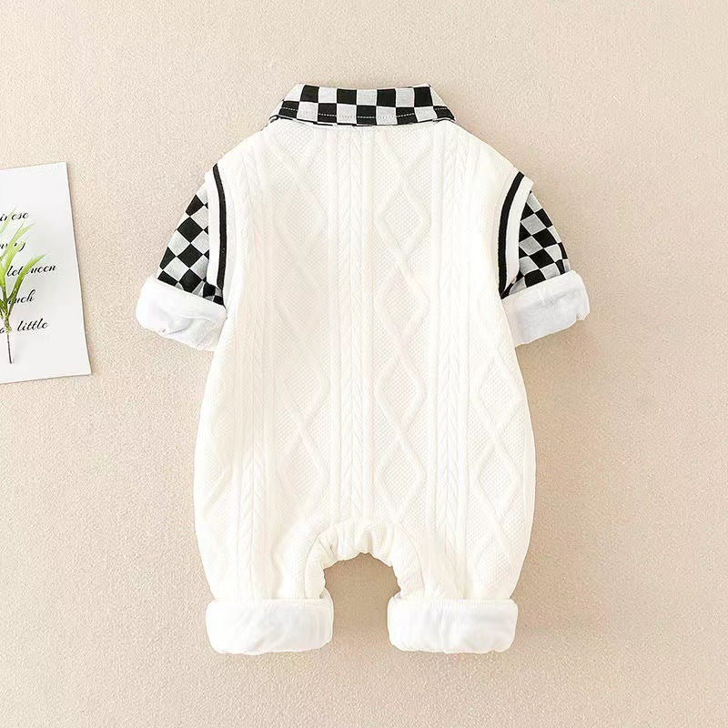 Newborn infant spring/autumn double-layer romper - baby boy/girl gentleman style outfit for spring and autumn, perfect for crawling and outdoor wear