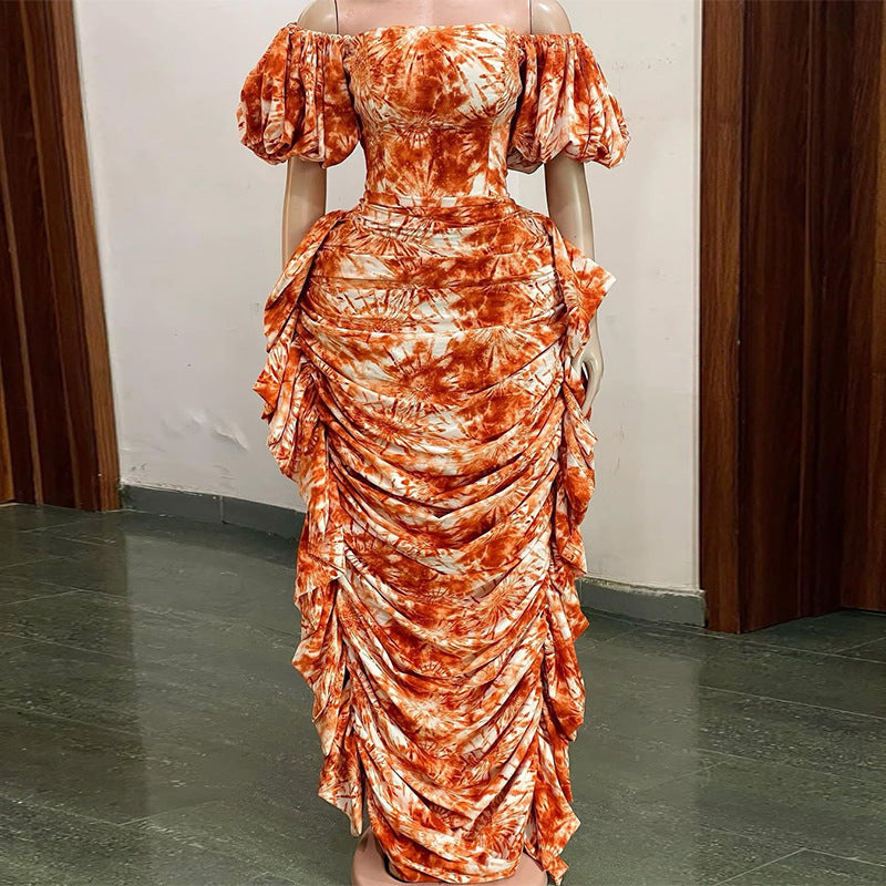 European and american cross-border women's fashion:  autumn/winter new arrival - elegant off-the-shoulder printed ruffle trim slimming dress