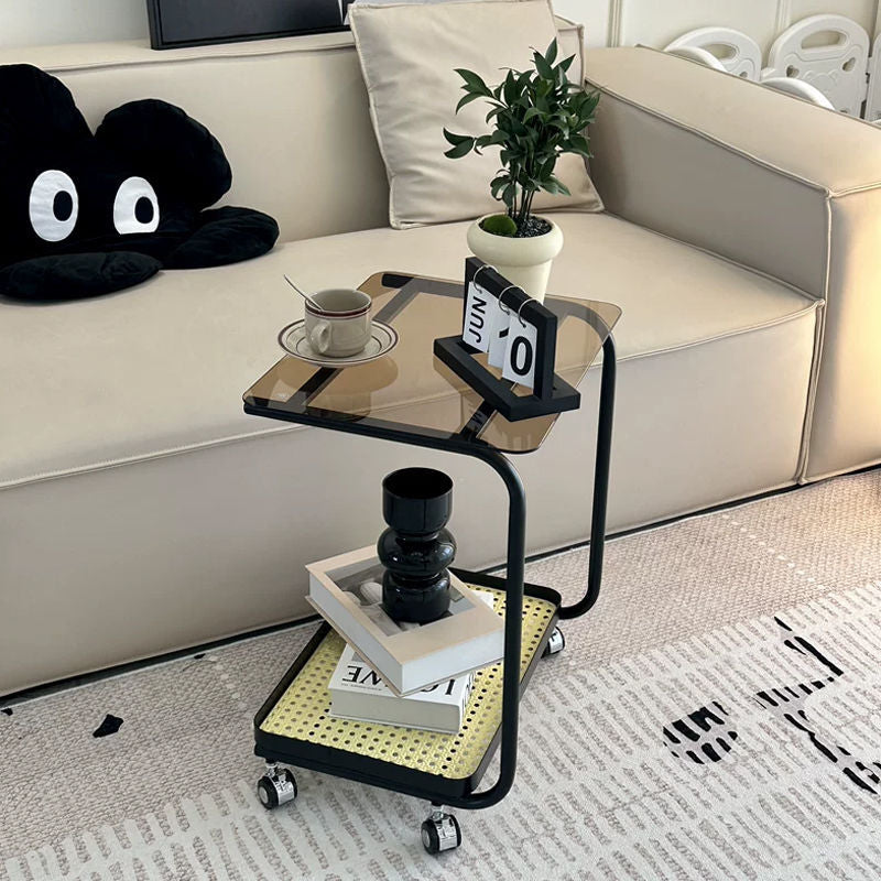 Cream style popular wheeled trolley bedroom glass side table small apartment living room movable sofa storage rack