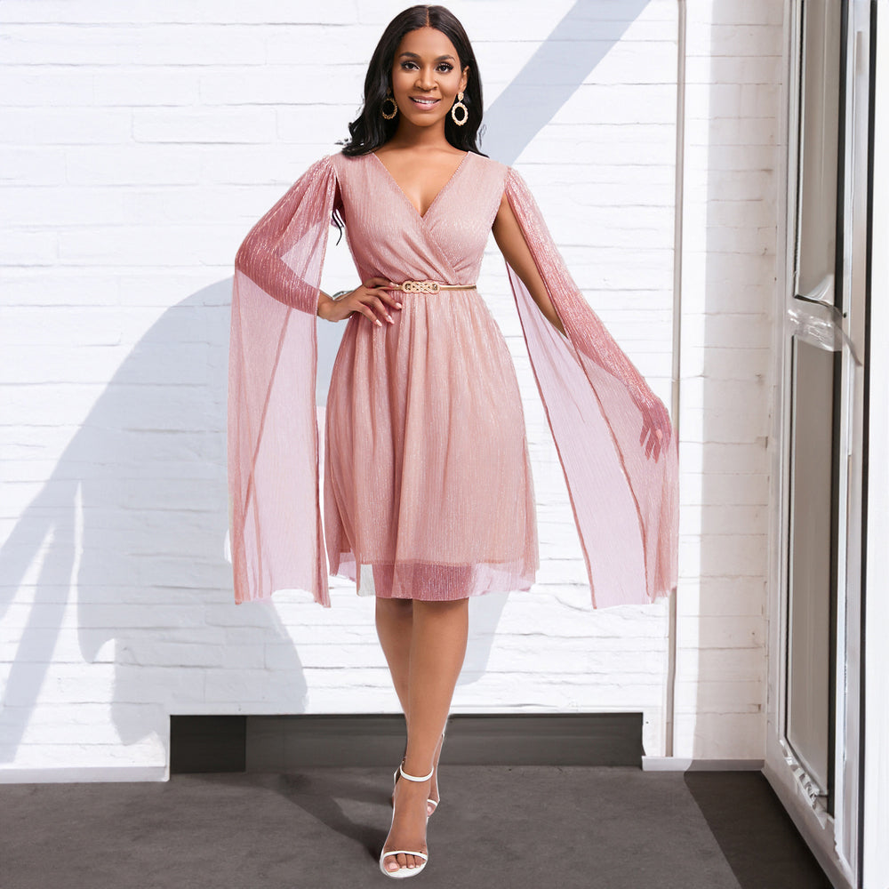 D408 belted standalone women's summer new fashion elegant v-neck cape cross-border dress