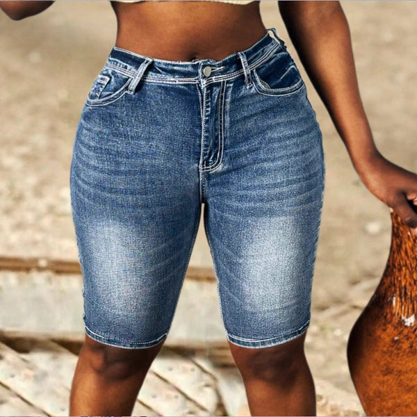ATC50053 European and American   women's elastic denim shorts bright line design casual tube pants