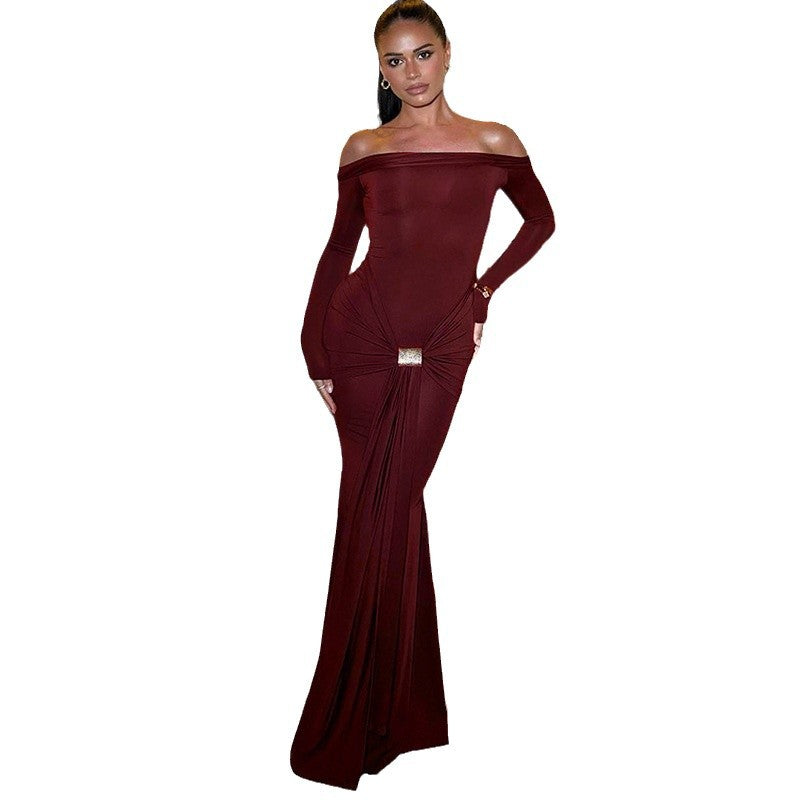 fall/winter new european and american style women's fashionable elegant one-shoulder solid color long sleeve bodycon mini dress