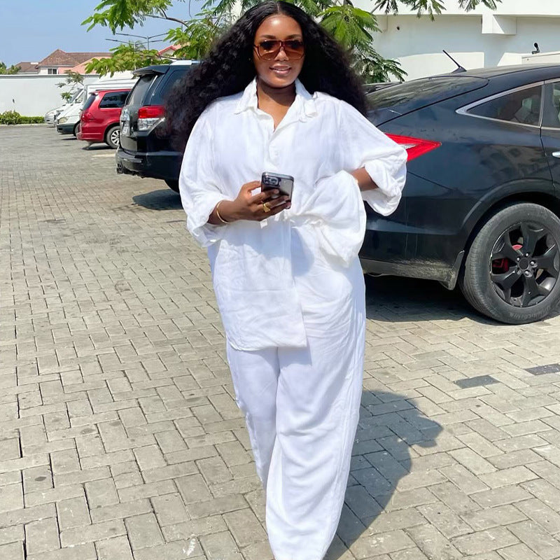 European and American large-size women's clothing loose casual cardigan lapel shirt long-sleeved solid color top trousers African two-piece set women
