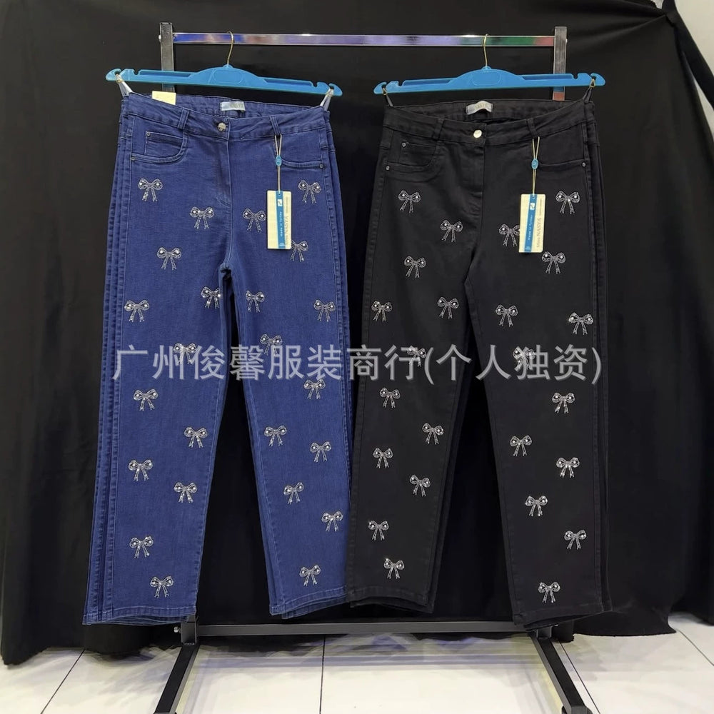 Boyfriend jeans availablenew arrivalheavy industry embroider hot diamond wide leg jeans women's straight-leg pants