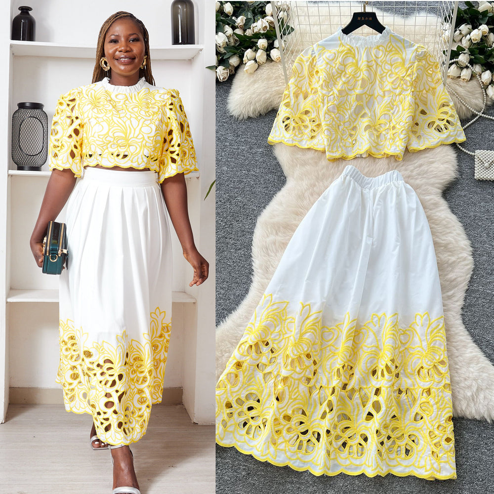 French court retro hollow-out crochet cropped top + high-waisted flared midi skirt two-piece summer outfit - effortless chic