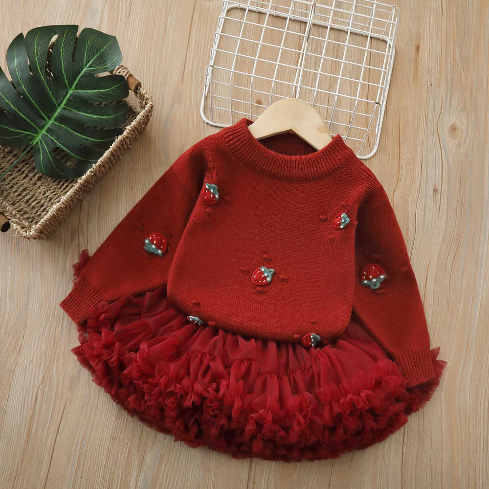Girls' sweater two-piece set: new autumn/winter sweet & chic sequin strawberry knit pullover top & tutu skirt outfit
